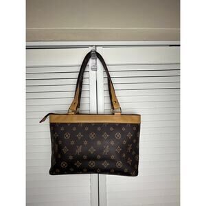 Monogram canvas shoulder bag brown leather trim designer style mini tote Y2K